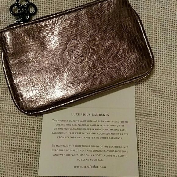 New Stella and Dot Bronze Metallic Lambskin Leather Soho Key Coin Wallet Pouch - Picture 3 of 3